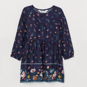 h&m girls long sleeve floral bunny butterfly unicorn print navy dress 2T